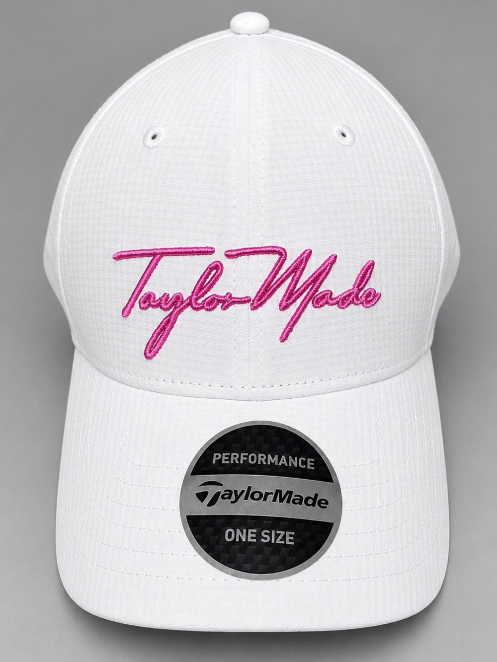TaylorMade Performance White Adjustable Hat Embroidered Cursive Pink Script Logo